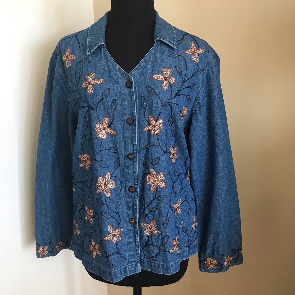 Vintage Denim Embroidered & Beaded Detail Jacket 100% Cotton  Size L petite